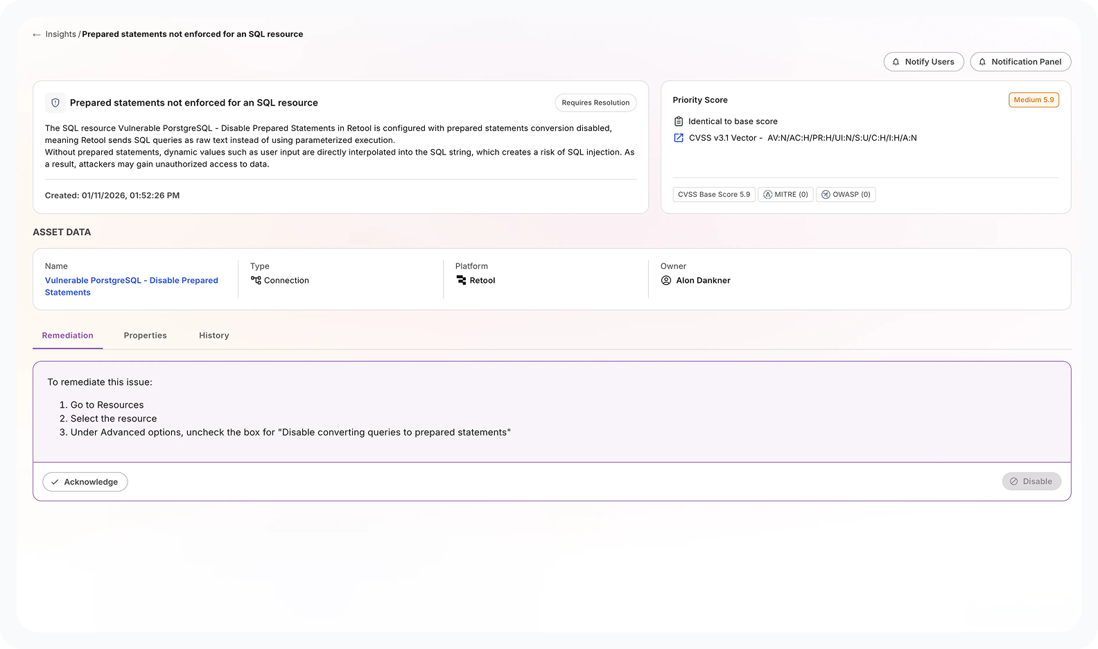 Nokod Security – Retool security remediation guidance dashboard.