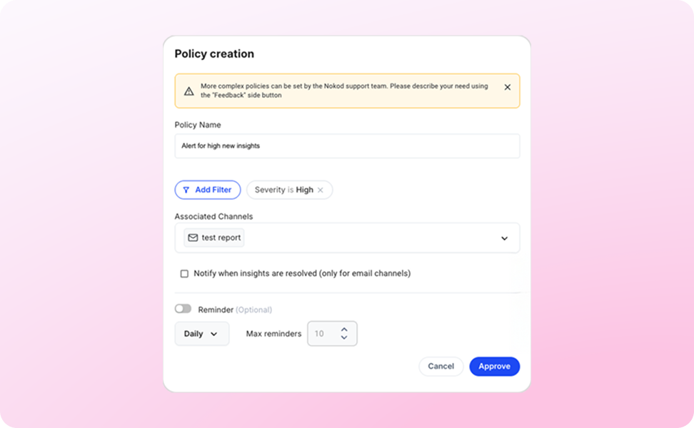 Nokod alerting workflow configuration UI for security teams managing DLP policies