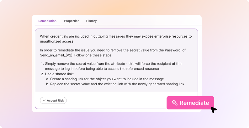 Nokod guided remediation UI showing tailored instructions for automation security issues